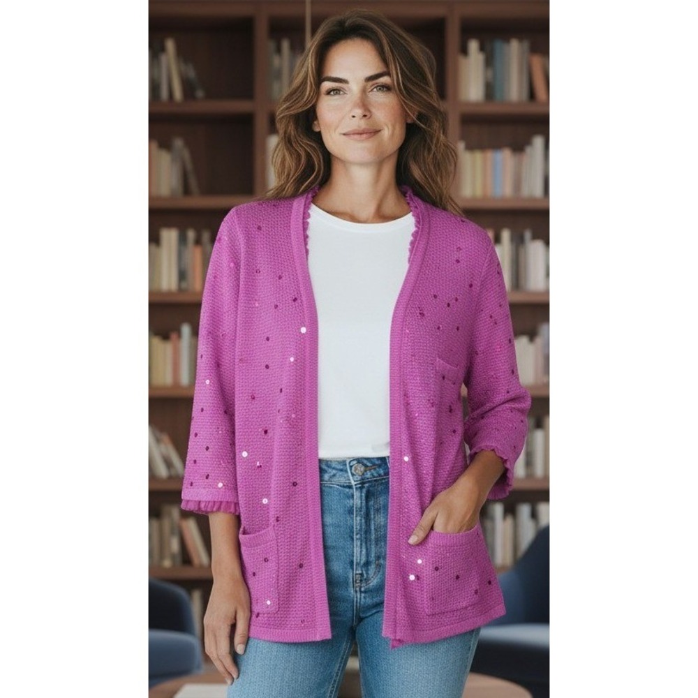 Sparkly Pink Cardigan, Sequin Ruffle Women's Large